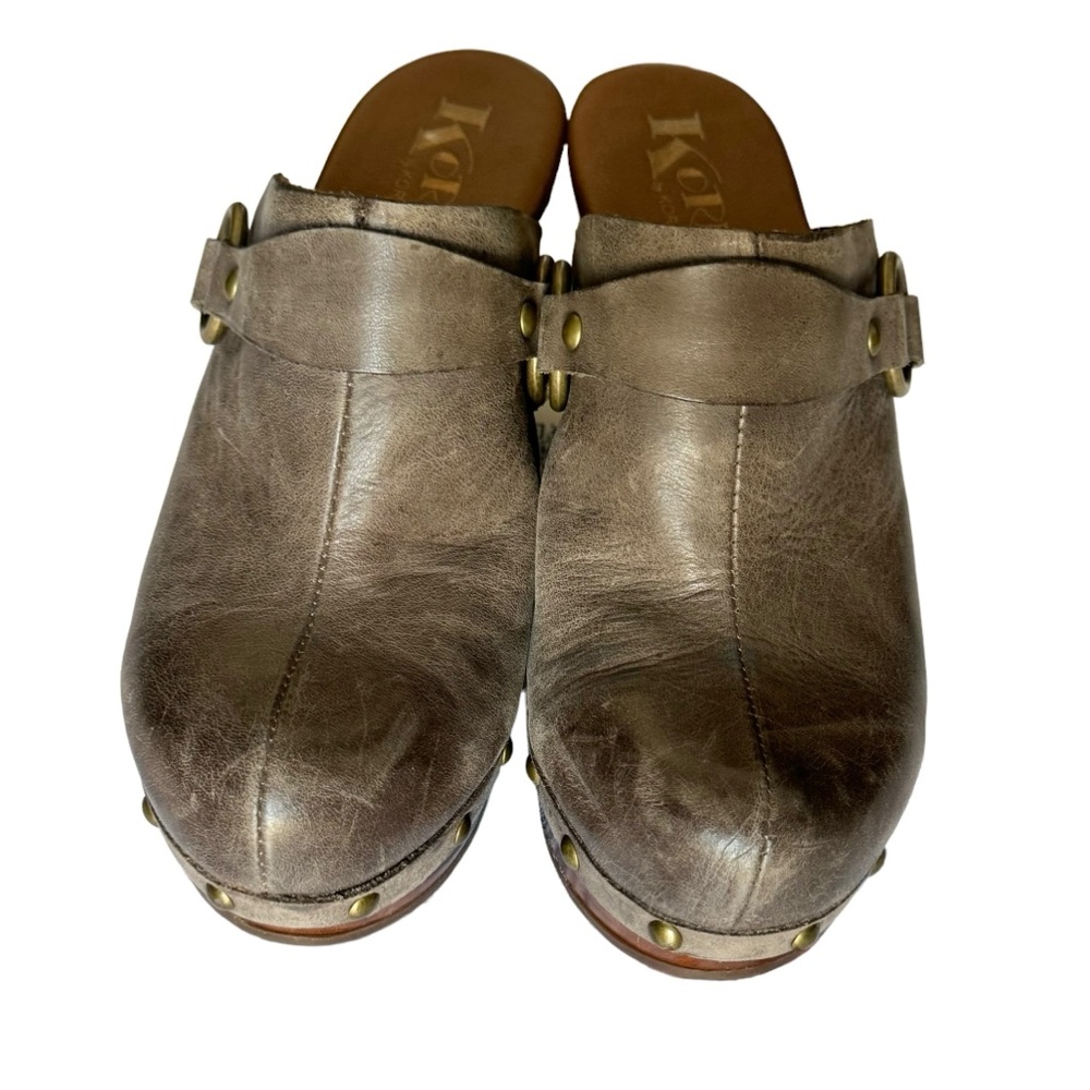 KORK Kork-Ease Taupe Grey Mule Heels Moto Style Leather Shoes Clogs Size…